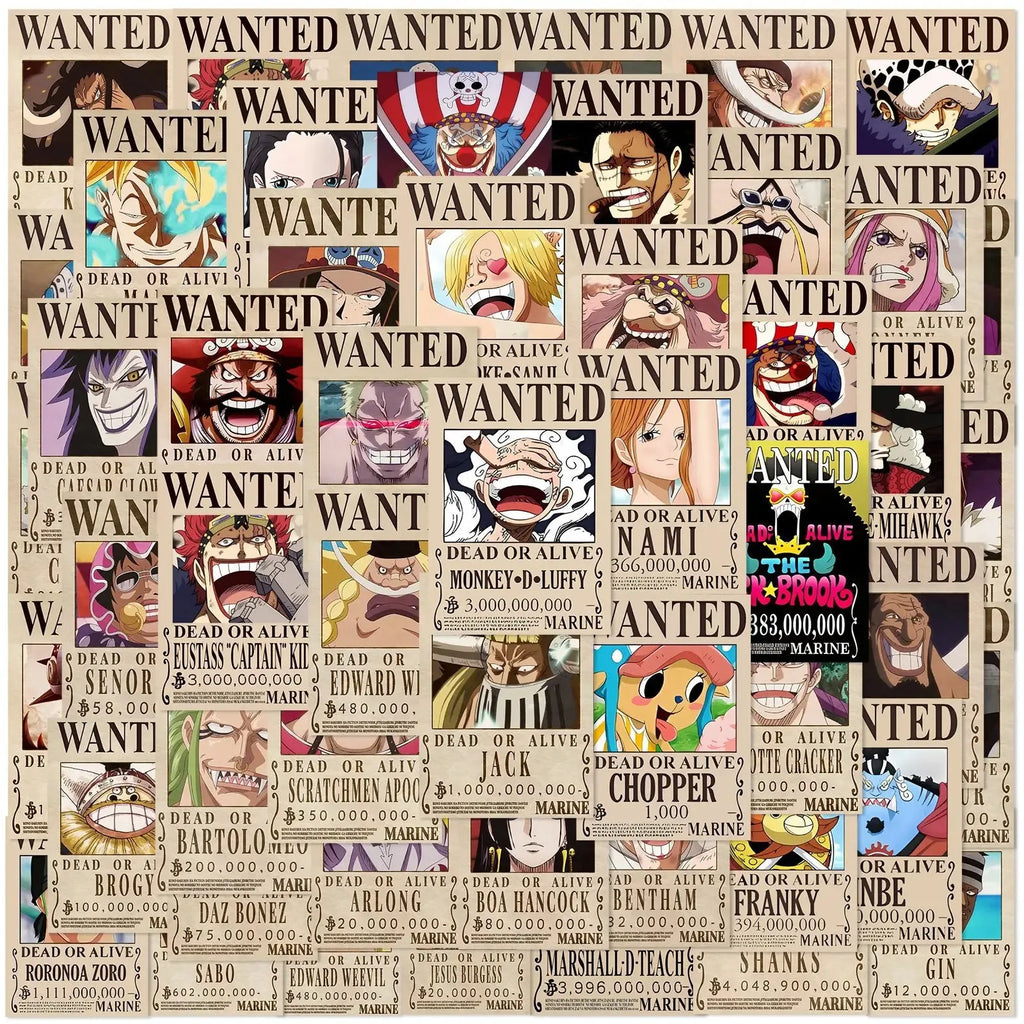 50PCS Anime One Piece Wanted Posters Stickers Cool Graffiti Decals DIY Phone Suitcase Laptop Fridge Wall Decoration Sticker Toy