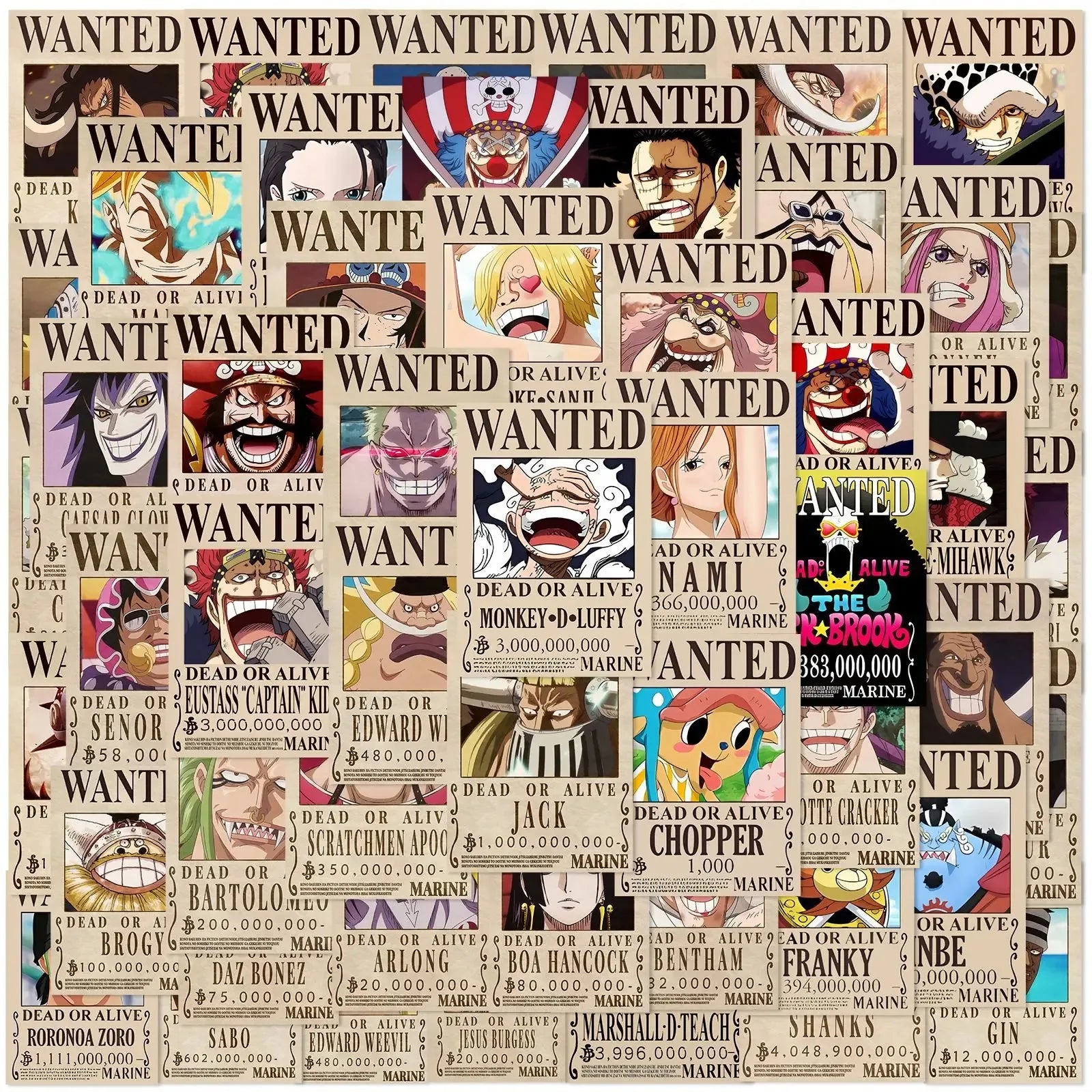 50PCS Anime One Piece Wanted Posters Stickers Cool Graffiti Decals DIY Phone Suitcase Laptop Fridge Wall Decoration Sticker Toy